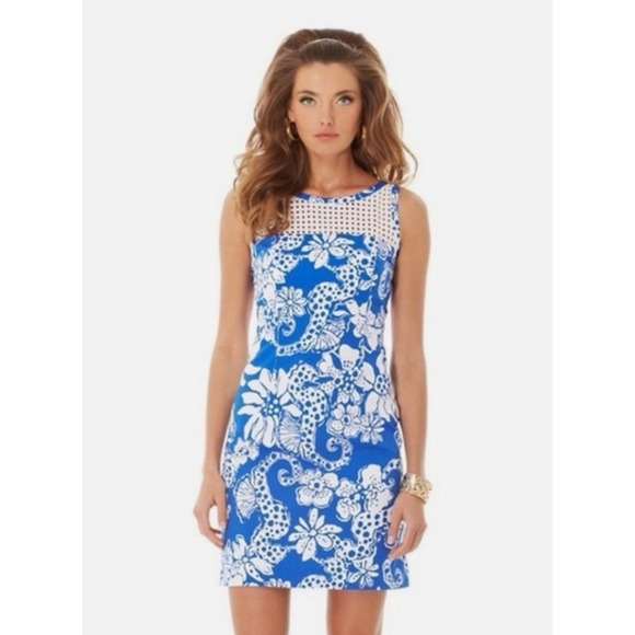 Lilly Pulitzer Marianne Eyelet Cotton Shift Dress Grid Seahorse Floral Blue Sz 4 - Picture 1 of 6